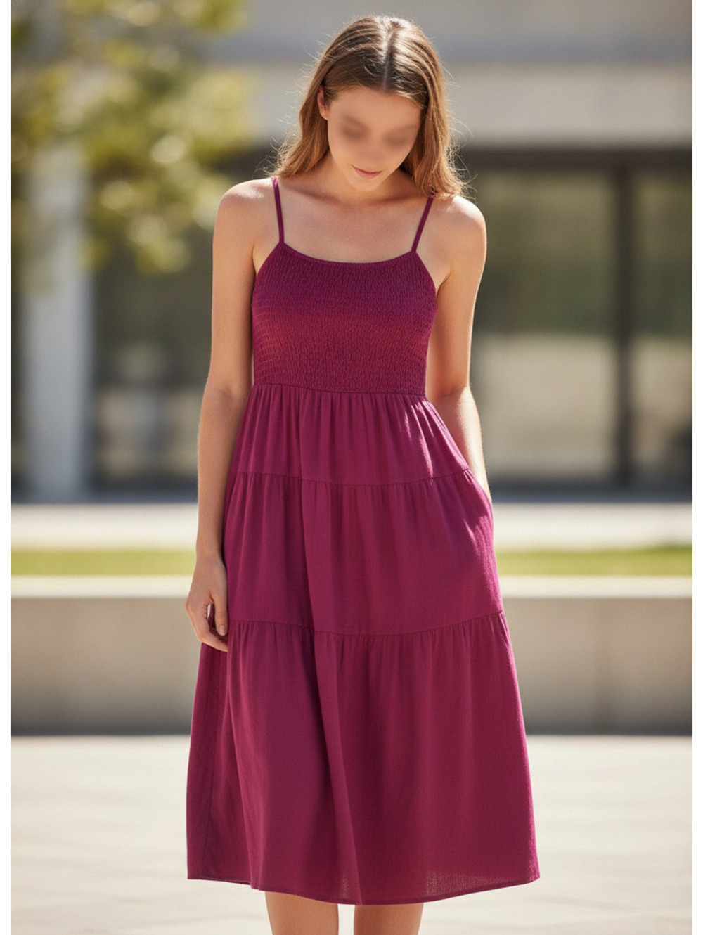 Old Navy | S | Waist-Defined Smocked Tiered Midi Dress Pink Gauze Pockets